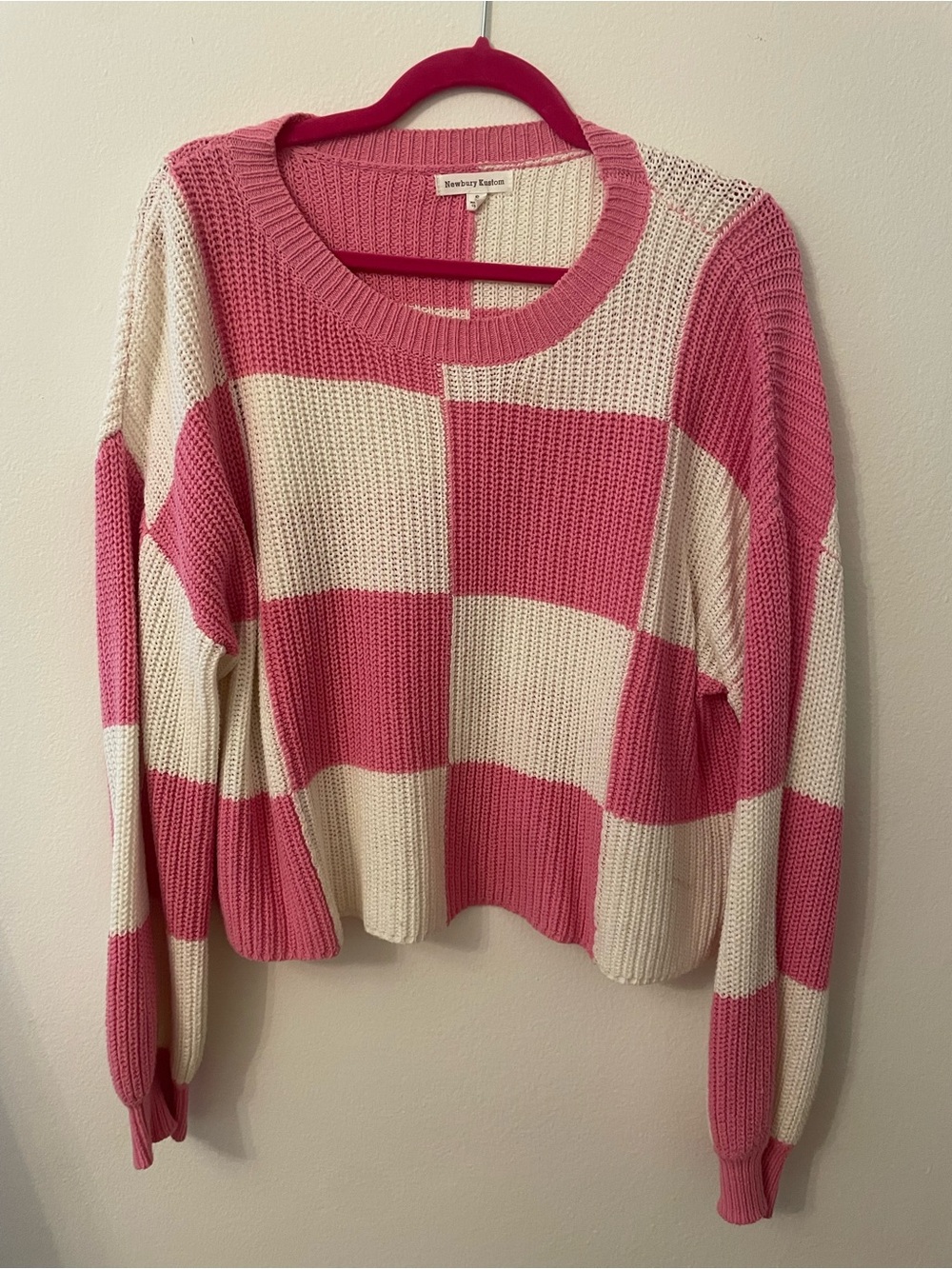 Newbury Kustom Pink & Cream Checkerboard Crew Sweater